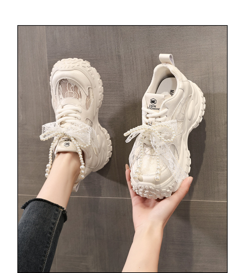 Giày sneaker nữ đế dày tăng chiều cao, phối ngọc trai và nơ, phong cách bánh xốp — Màu be chi tiết 14