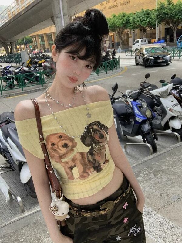 Pure Lust ワンショルダー パピープリント 半袖 Tシャツ レディース 夏 スリムフィット シックで美しいショートトップス イン|undefined