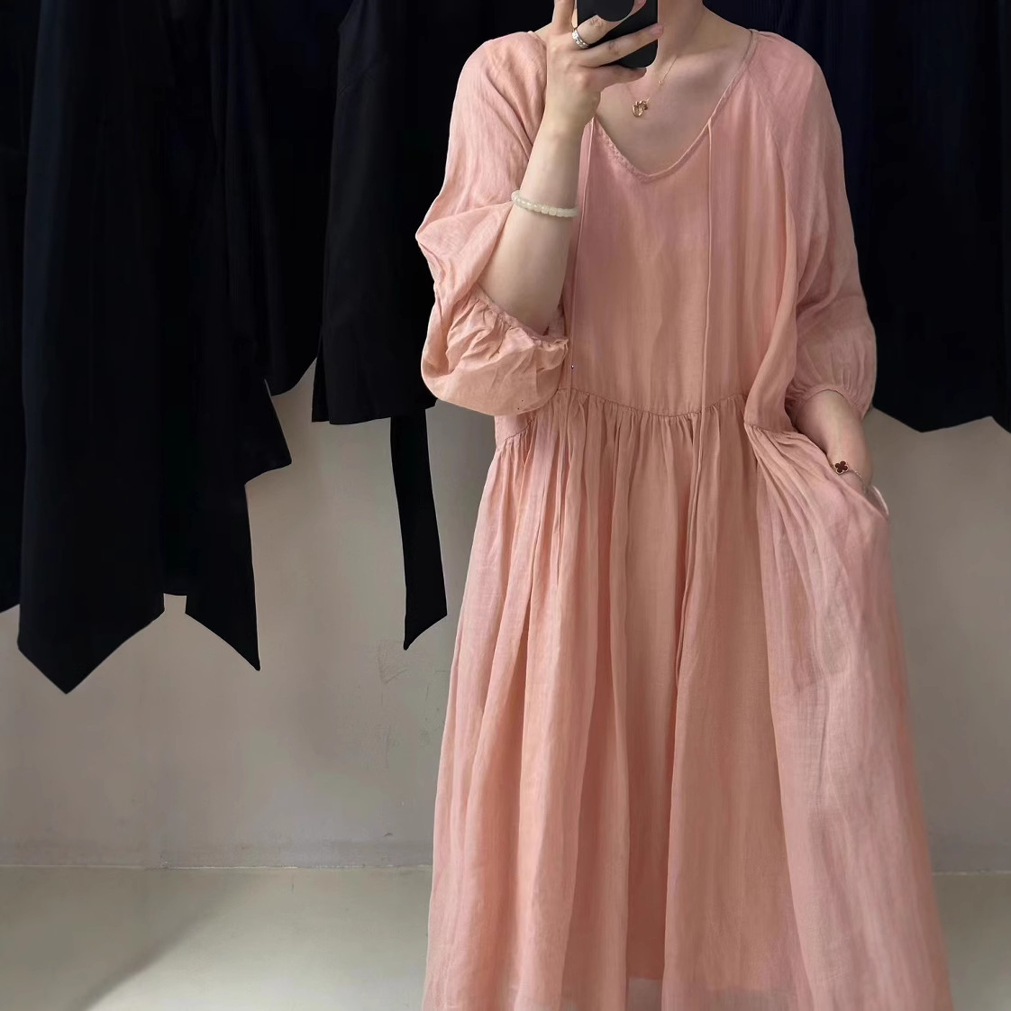 Nami's 2026 Summer New Simple and Artistic Style Ramie Dress with Double-Layered Neckline and Gentle Style