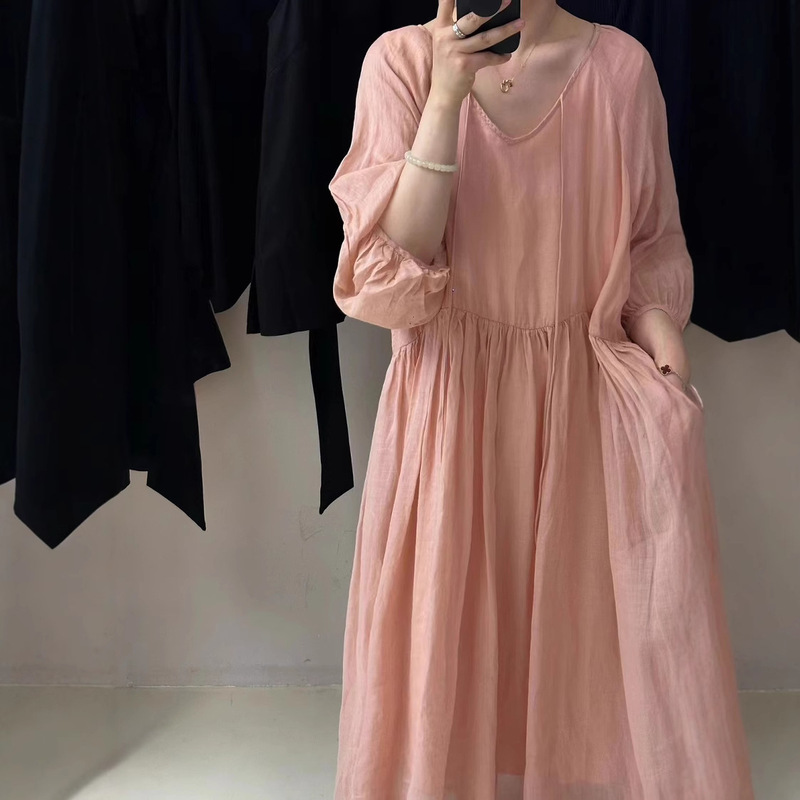 Nami's 2026 Summer New Simple and Artistic Style Ramie Dress with Double-Layered Neckline and Gentle Style Nami's 2026 Summer New Simple and Artistic Style Ramie Dress with Double-Layered Neckline and Gentle Style