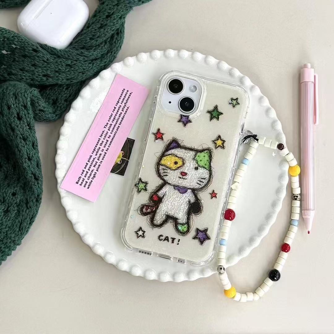 Neto lindo gato estrella para Apple 16ProMax funda para teléfono móvil cadena 15Pro 14/13 nuevo 15PM