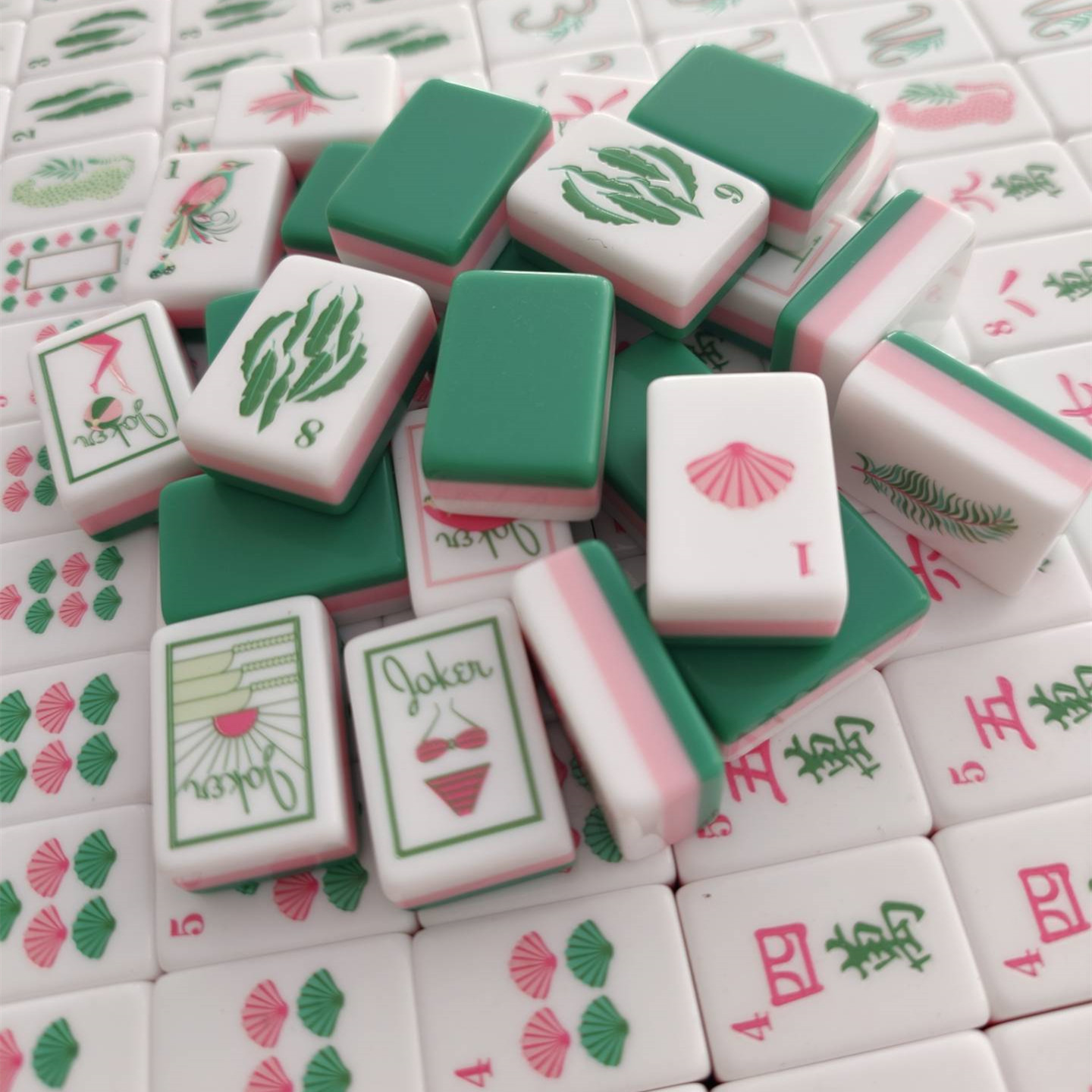 32 green kingfisher American hand-painted oil painting acrylic mahjong tiles, 3-layer orange 160-piece American-style mahjong set