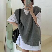 韩国ins宽松百搭复古v领慵懒小众两侧开叉毛衣马甲女