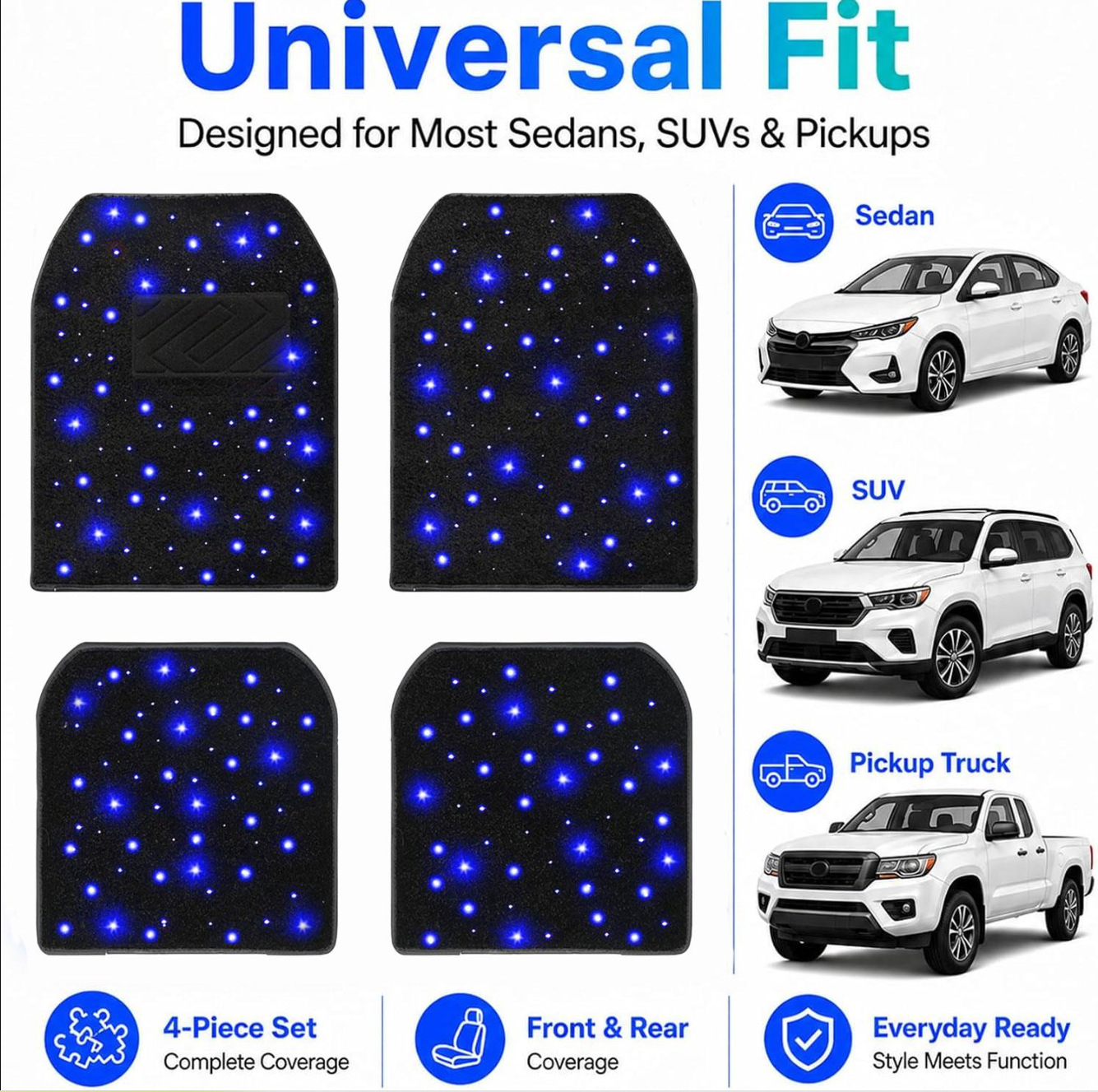 Cross-border supply of LED starlight car floor mats, featuring multi-color flashing ambient lighting and app-controlled adjustable lighting
