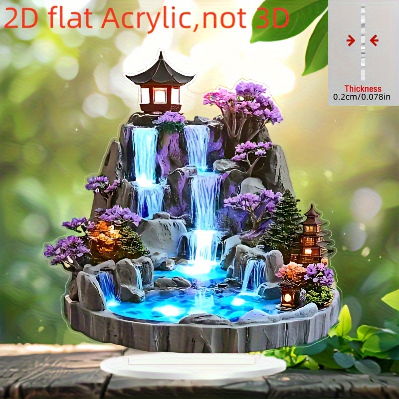 Decoración de mesa acrílica plana 2D montaña falsa decoración de agua corriente fuente sala de estar rueda de agua circular sala de estar pendulum de mesa