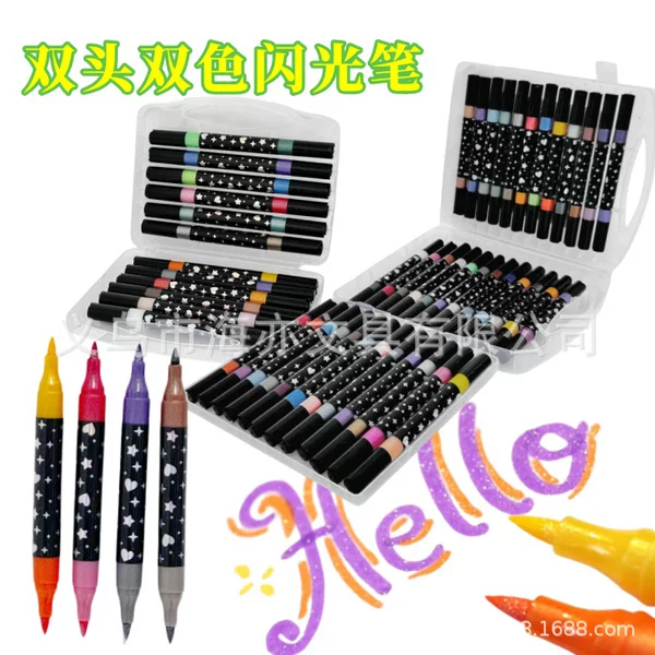 Cross-Border Amazon Dual-Head Dual-Color Glitter Pens, Luminous Markers, Fluorescent Pens, Painting Glow-In-The-Dark Starlight Markers