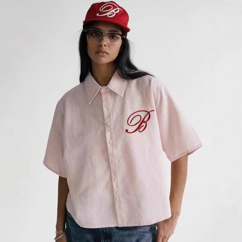 badblood American Style Retro Lar Striped Short Sleeve Shirt Loose Casual Embroidered Shorts Top Men's and Women's suit