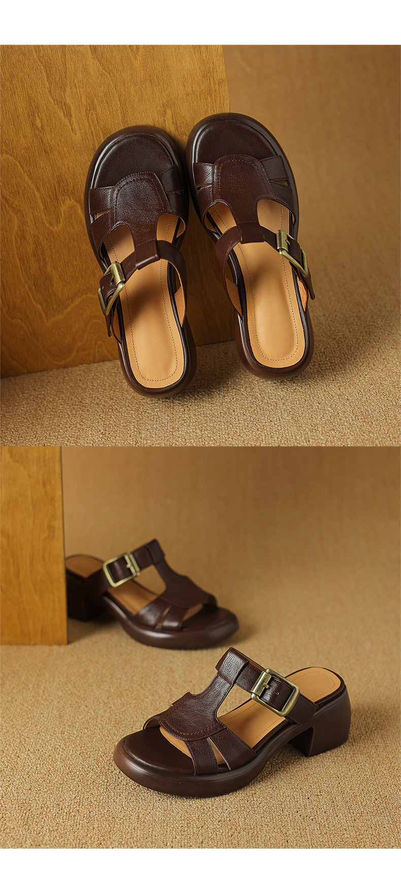 Sandal nữ hở mũi quai chữ T đế cao gót 6 cm, da mềm phong cách La Mã — màu nâu chi tiết 13