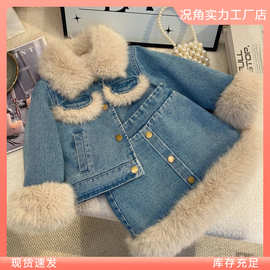 女童加绒牛仔套装韩版秋冬加厚外套加棉半裙两件套现货休闲裙潮流