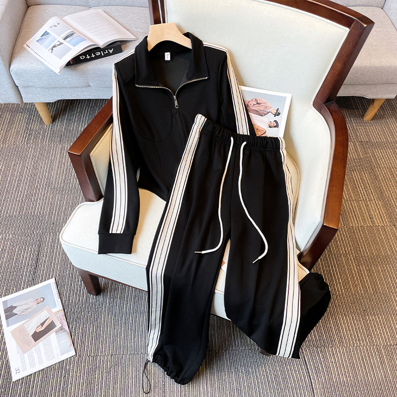 Women's Clothing Plus size fat mm fashionable and versatile stand up collar tops with three stripes overalls sports casual two piece suit_voghion.com