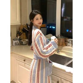 【现货】撞色条纹针织半边绒睡衣女秋冬季加厚保暖家居服睡袍浴袍