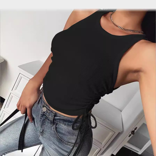 2024 European & American Spring/Summer Fashionable New Arrival Women's Sexy Solid-Color Slim-Fit Pleated Camisole with One Shoulder