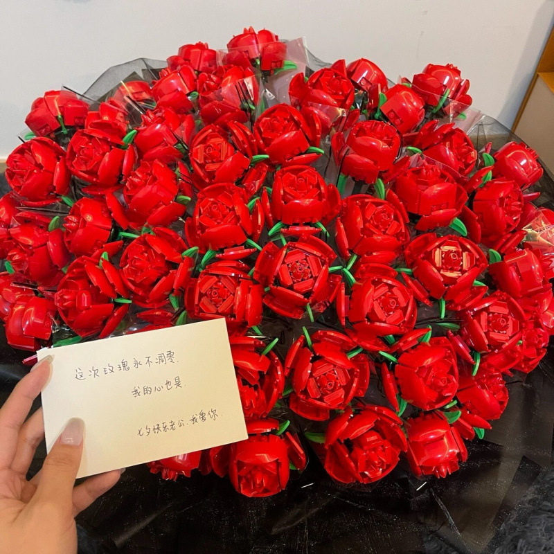 积木花批发兼容玫瑰束情人节生日女孩子朵摆件拼装玩具