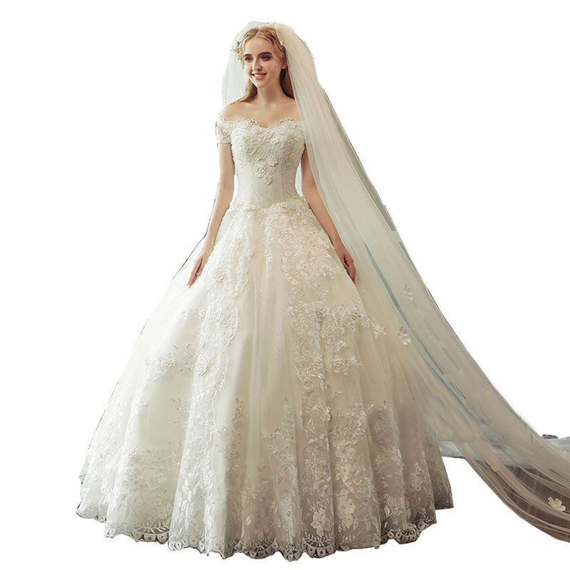 El Comercio exterior europeo y americano Amazon AliExpress desea soporte independiente fuera del hombro encaje con cuentas A-line vestido de novia largo hasta el suelo
