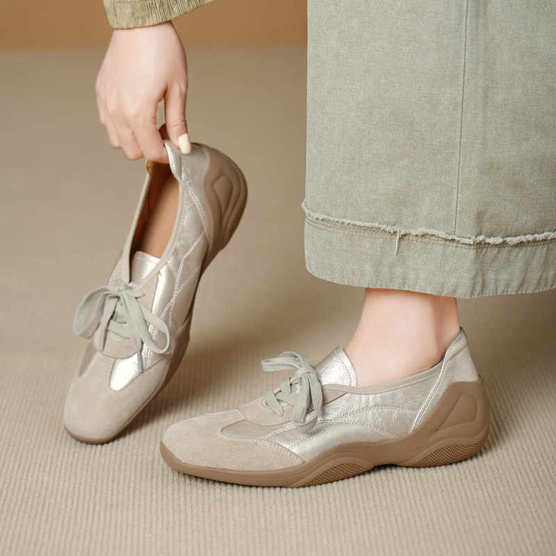 Retro color-blocked German training shoes for women, flat soft-soled comfortable casual shoes, low-cut lace-up genuine leather shoes for spring and autumn Retro color-blocked German training shoes for women, flat soft-soled comfortable casual shoes, low-cut lace-up genuine leather shoes for spring and autumn