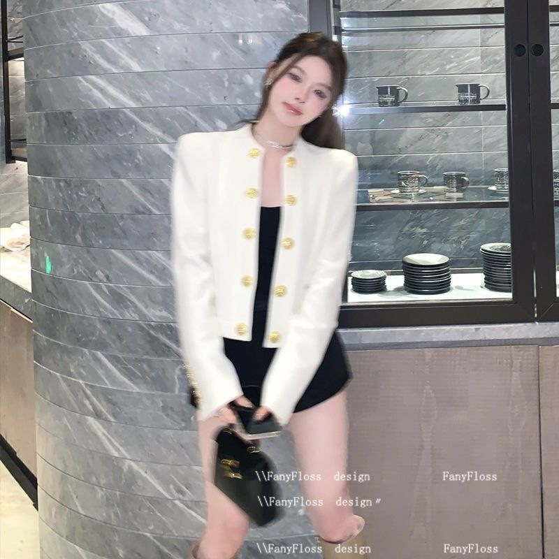 French-style round neck double-breasted short jacket for women, new spring and autumn style, fashionable and versatile suit cardigan.