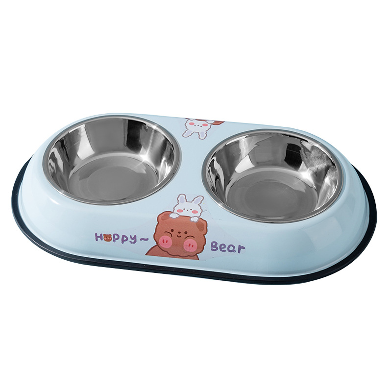 Perro de dibujos animados oso impreso de acero inoxidable doble tazón perro tazón antidetonante gato tazón para mascotas tazón de arroz perro suministros al por mayor