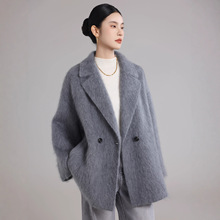 皮草新款带内衬拉毛100%澳洲羊毛大衣宽松慵懒西装领加厚毛呢外套