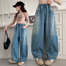 女童春季韩版拼接牛仔裤2025新款大儿童洋气休闲运动阔腿裤长裤子