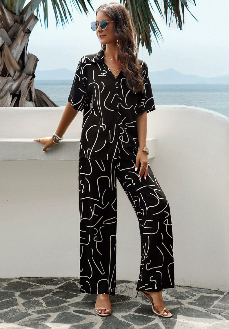 315g Weight Half Sleeve Sleeve Length Spandex Fabric Type Pant Co-ord Set Sets Type 2 Pieces Set Quantity Daily, Beach Occasion Turndown Neckline Slim Fit Type Printing, Geometric Pattern Summer Season Women's Gender Vacation Style Daily Beach Women's Vacation Printing Geometric Spandex Pant Co-ord Set Pants Sets 18