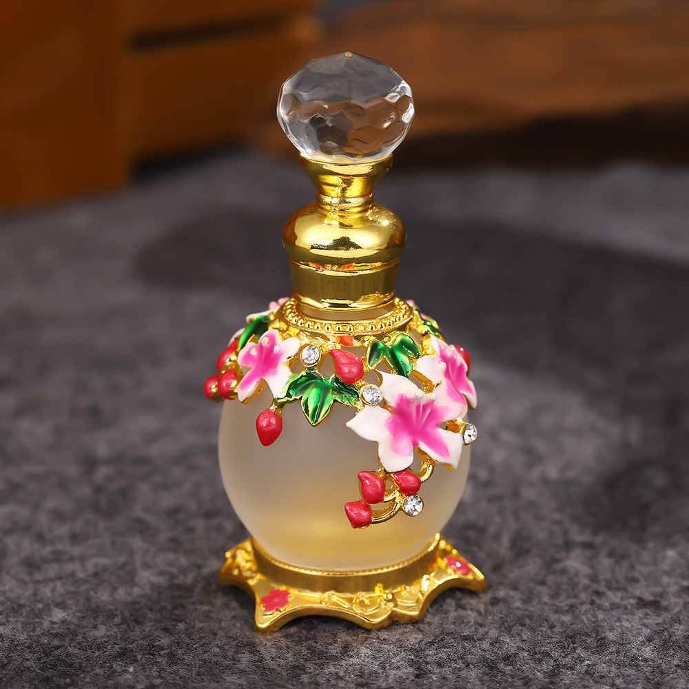 跨境中东迪拜香水瓶彩绘花朵锌合金轻奢玻璃小圆球精油分瓶批发