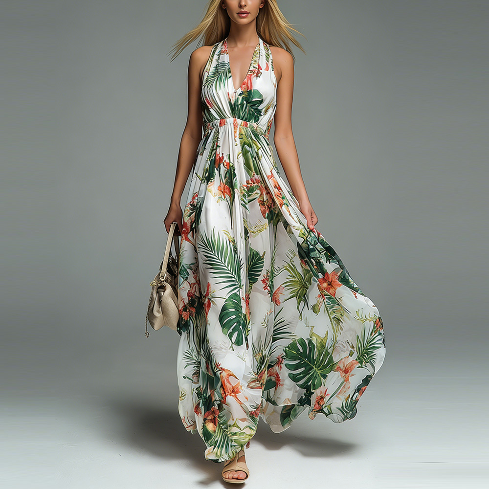 New Women's Printed Casual Neck Sleeveless V-Neck Dress Women_ecoleips.com