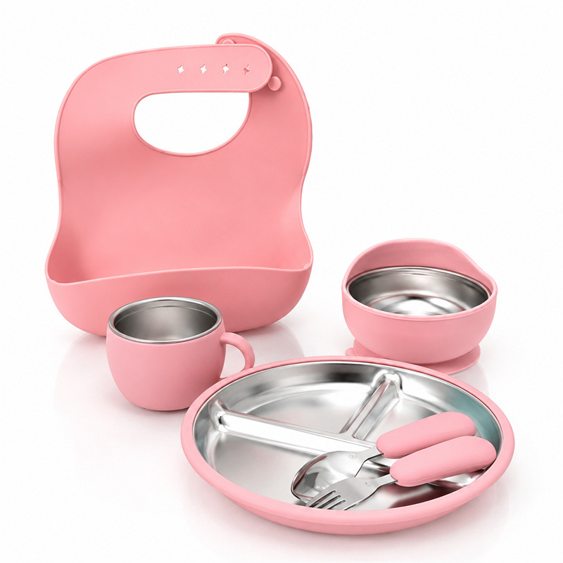 Transfronterizos de cubiertos de acero inoxidable para niños cubiertos de silicona cubiertos de alimentación infantil de seis piezas