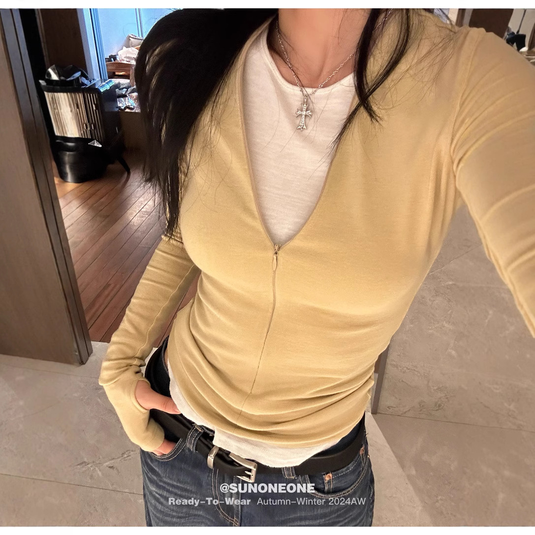 珍虹情自制美式长袖半拉链修身辣妹长T可叠穿可外穿慵懒单上衣女
