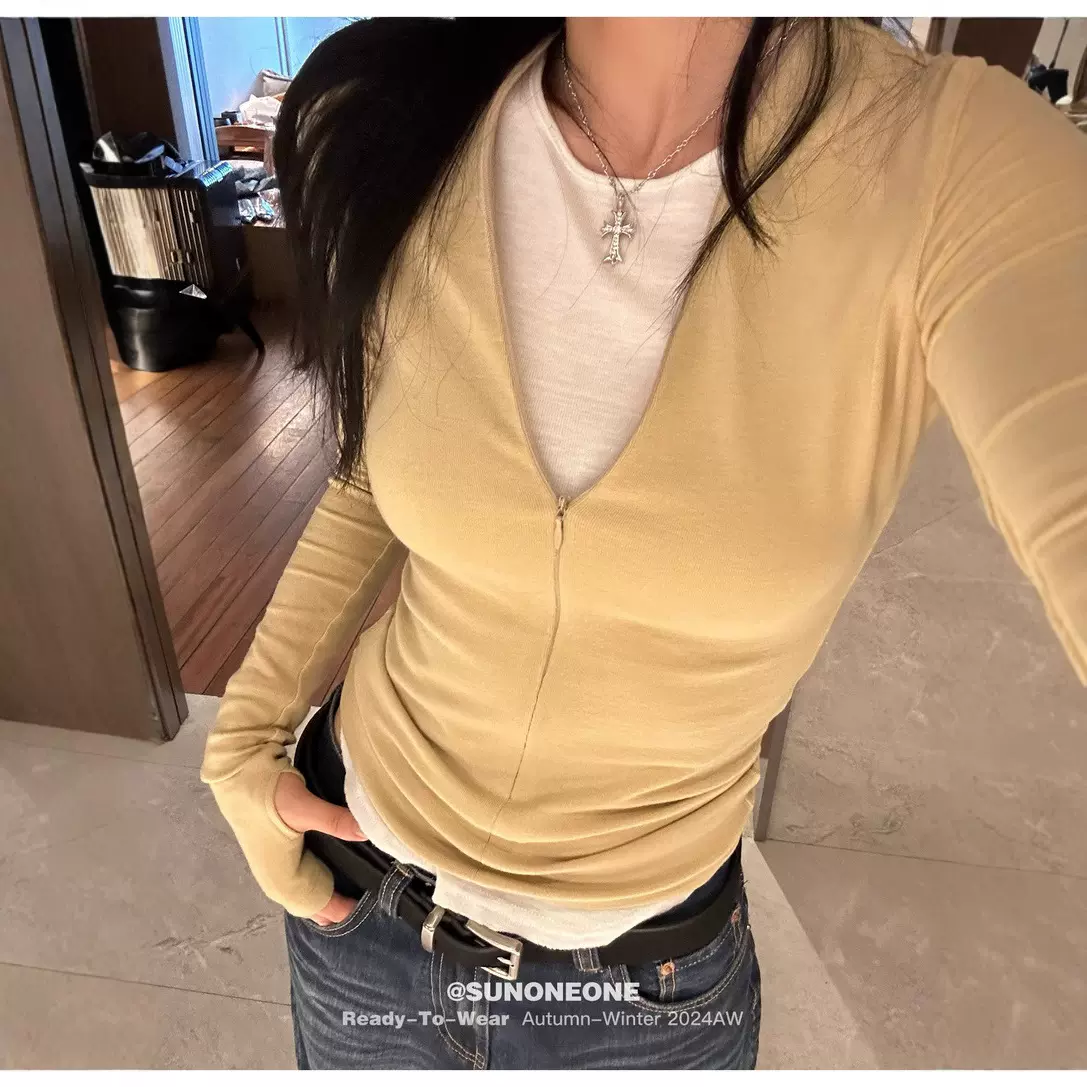 珍虹情自制美式长袖半拉链修身辣妹长T可叠穿可外穿慵懒单上衣女