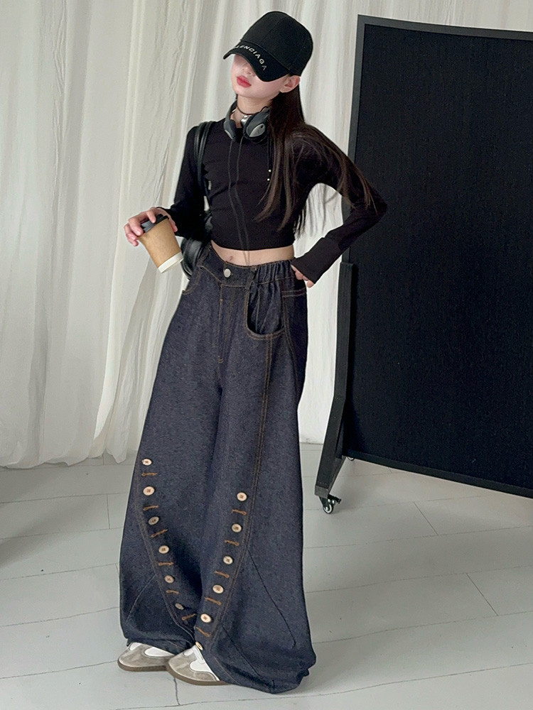 Men's Clothing Buttoned Scimitar Jeans Vintage Button-Fly Curved Hem Jeans For Kids - Soft Denim Stretch Comfort Fit (120-170cm, Unisex)_mkmklike.com