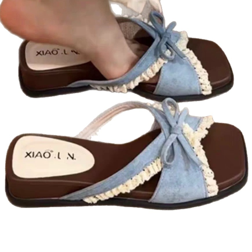 Zapatillas de encaje de arco de estilo francés para mujeres de verano 2026 nuevas sandalias con una falda de fondo grueso image 5