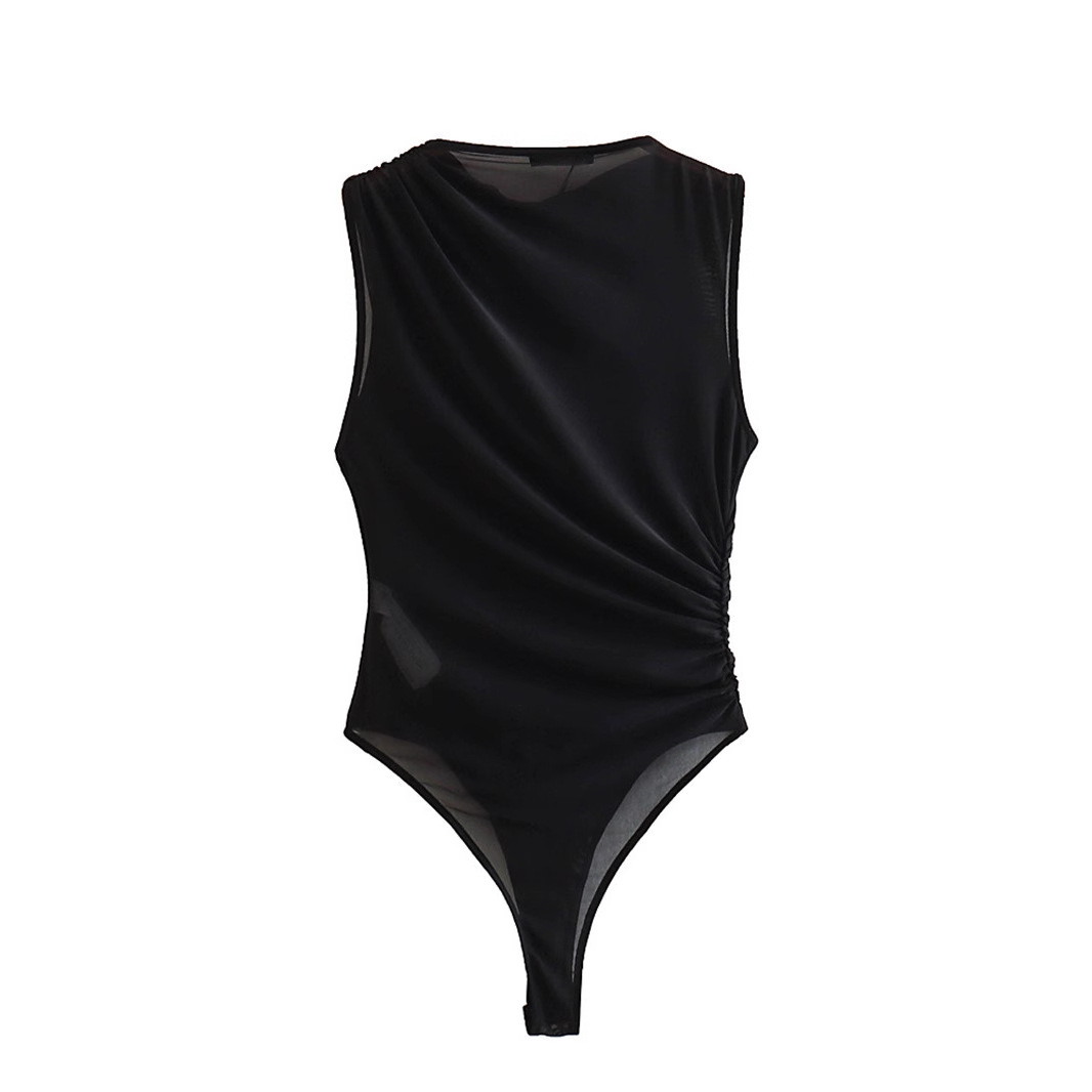 AliExpress comercio exterior 2024 primavera y verano nueva ropa de mujer estilo europeo y americano plisado decoración slim-fit sexy mono de red de seda
