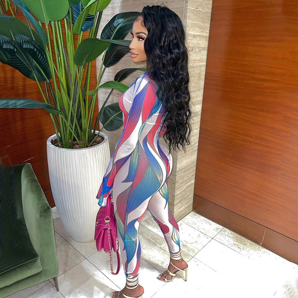 Autumn Sexy Mesh See through Tied Long Sleeves Jumpsuit