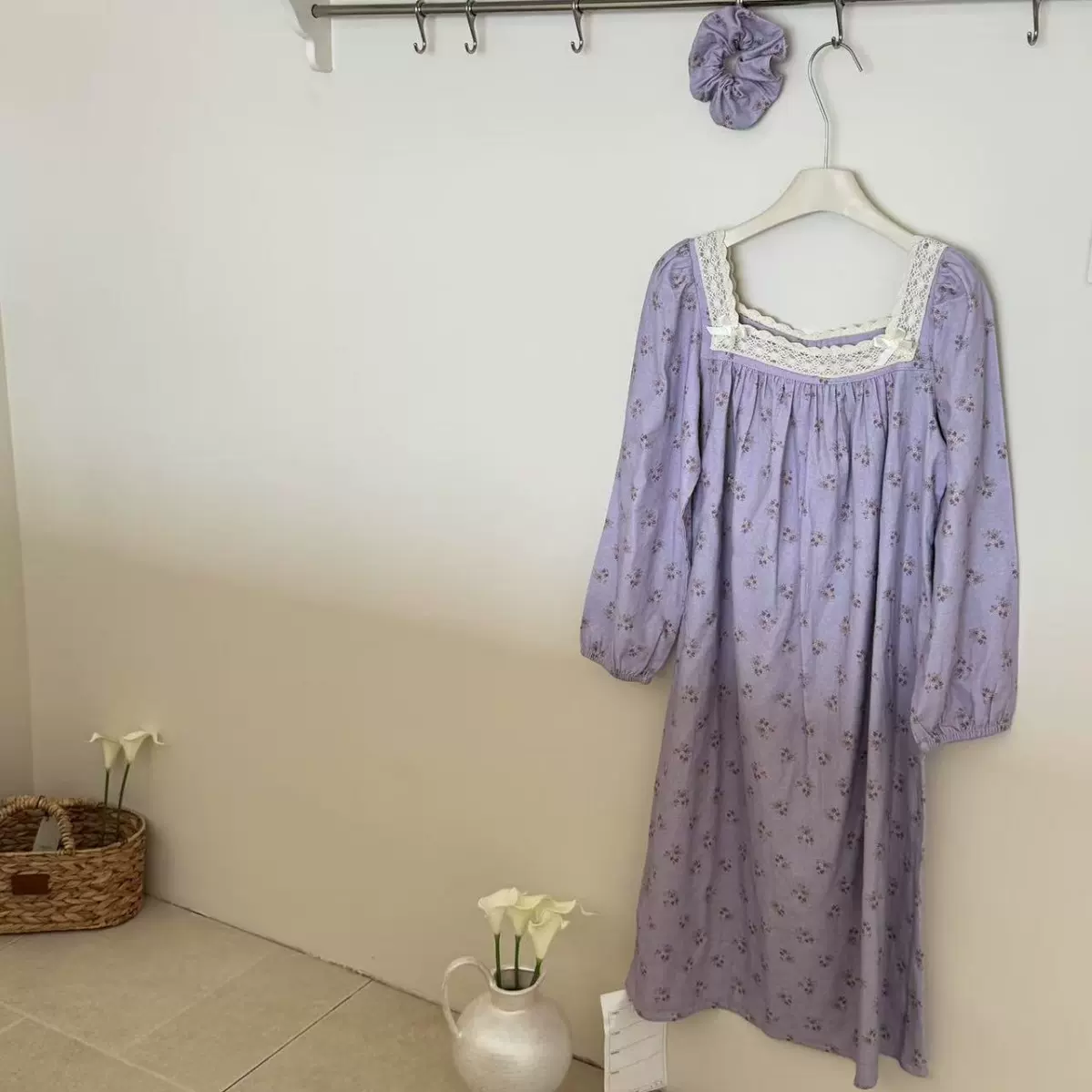 甜美蕾丝方领棉纱睡裙女春秋季韩系休闲宽松花边长袖家居服可外穿