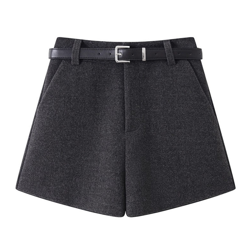 Vintage Gray Woolen Shorts for Slightly Plump Women, Suitable for Spring and Autumn, High-Waisted Wide-Leg Pants, Slimming A-Line Boot Shorts