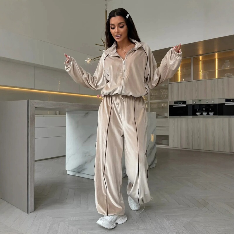 Cross-Border European and American Retro Velvet Striped Sports Suit with Stand Collar, Full-Zip Cardigan Jacket, High-Waisted Drawstring Wide-Leg Pants