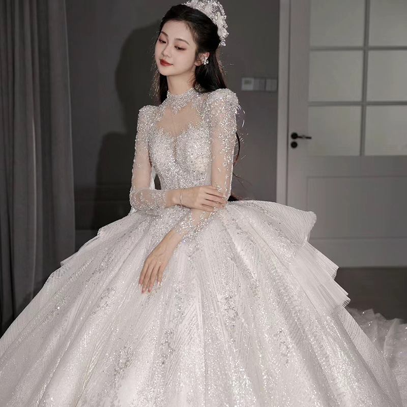 Vestido de novia de encaje de lujo para la novia, nuevo modelo 2026, vestido de manga larga para mujeres embarazadas de talla pequeña y grande, con elaborada artesanía D109.