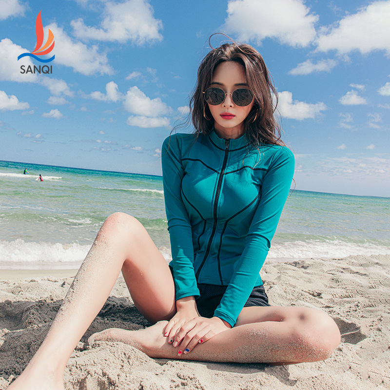 三奇泳衣女韩国ins分体保守泳衣长袖2021新款温泉遮肚运动泳装女