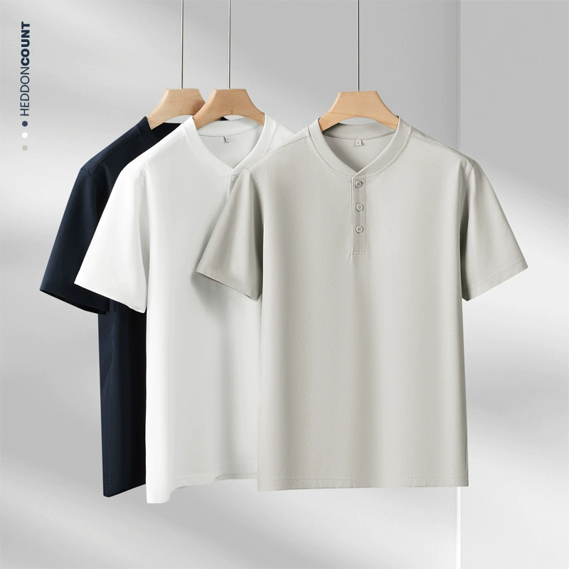 Летняя текстура ощущение 210 г Lycel прохладный Генри воротник с короткими рукавами футболка мужской новый свободный минималистский топ с половиной рукава