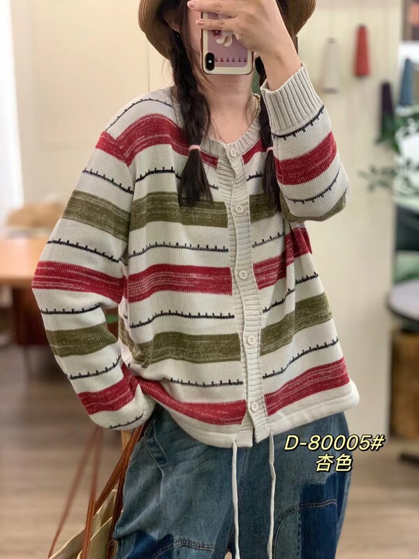 撞色针织开衫女 2025秋新款复古文艺宽松圆领条纹毛衣外套 80005|undefined