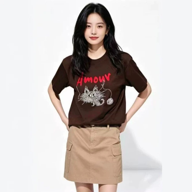 Mo** Mall Same Style 2026 Summer New Fashion Casual Embroidered Cute Pet Loose Fit Drop Shoulder Short Sleeve T-Shirt Mo** Mall Same Style 2026 Summer New Fashion Casual Embroidered Cute Pet Loose Fit Drop Shoulder Short Sleeve T-Shirt