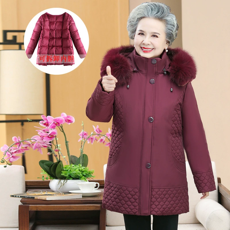 Свободный пуховик для матери среднего и пожилого возраста, женский пуховик средней длины со съемной подкладкой, пуховик для бабушки с меховым воротником, зимняя одежда