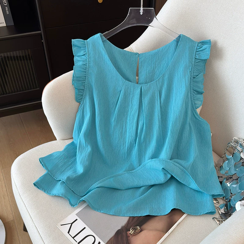 YS8 реальный снимок 2025 лето новый корейский стиль модная рубашка с летящими рукавами для женщин, нежная и универсальная, высококачественная