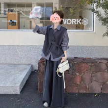 2025巨好看三件套韩风chic独特漂亮不规则马甲条纹衬衫阔腿裤套装