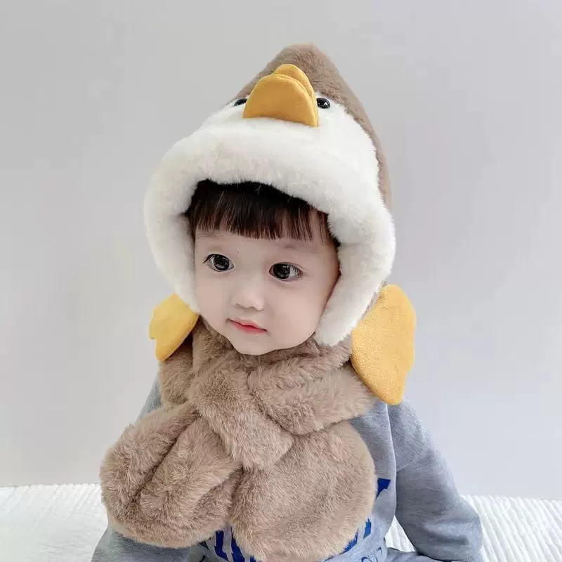冬季儿童保暖毛绒帽新款宝宝加厚护耳防风帽子围巾一体两件套超萌