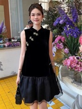 黑天鹅千金感手工钉珠连衣裙真丝丝绒 拼欧根纱短裙113