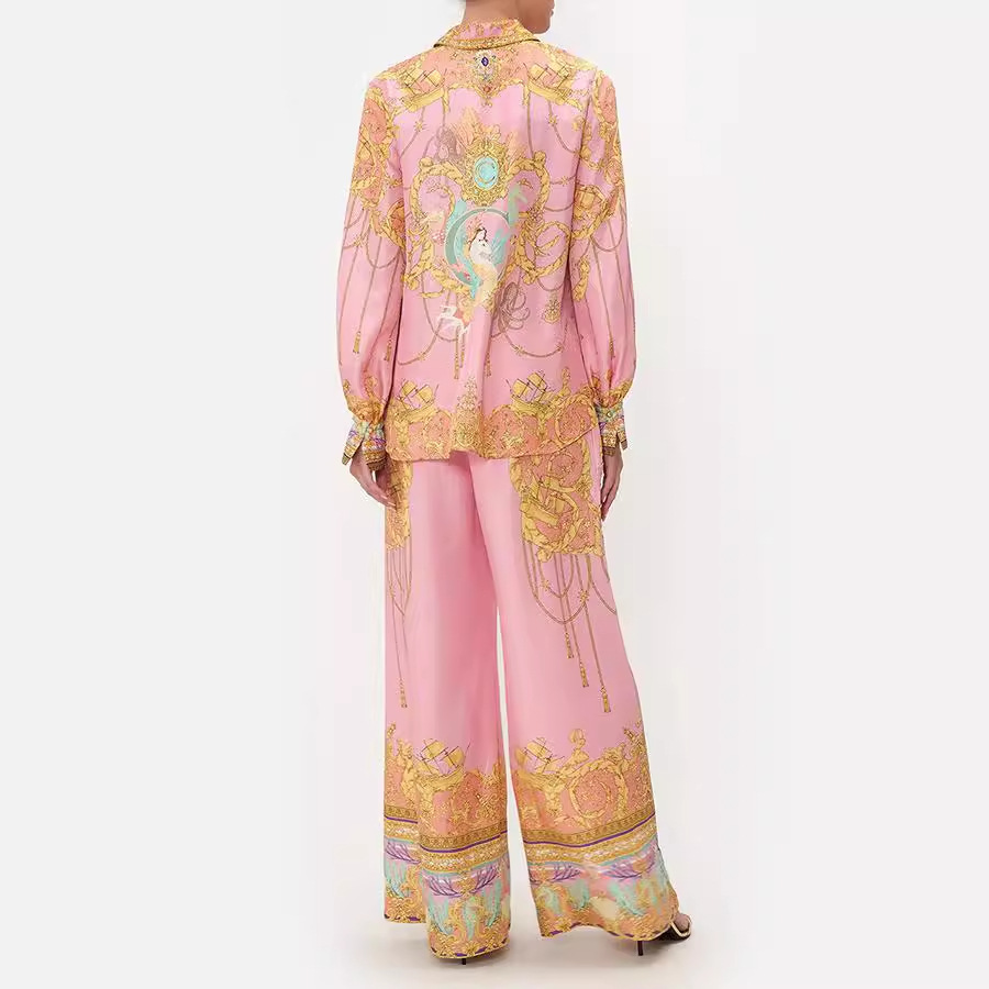 Damenbekleidung Independent Station 2024 Neuer Freizeiturlaub Langärmliges rosa bedrucktes Hemd und Hose Zweiteiliger Anzug für Damen_voghion.com