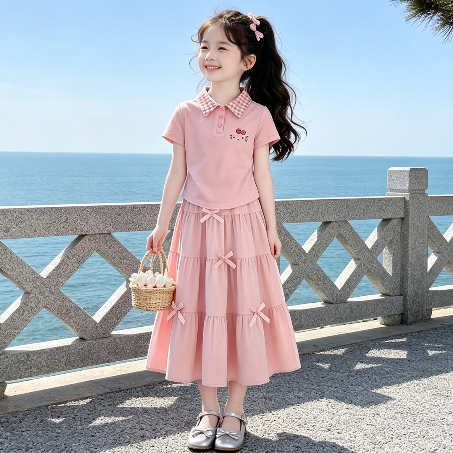 Girls' two-piece summer set, new style, polo collar short-sleeved skirt for middle and older children, sweet and fashionable, perfect for junior high school students.