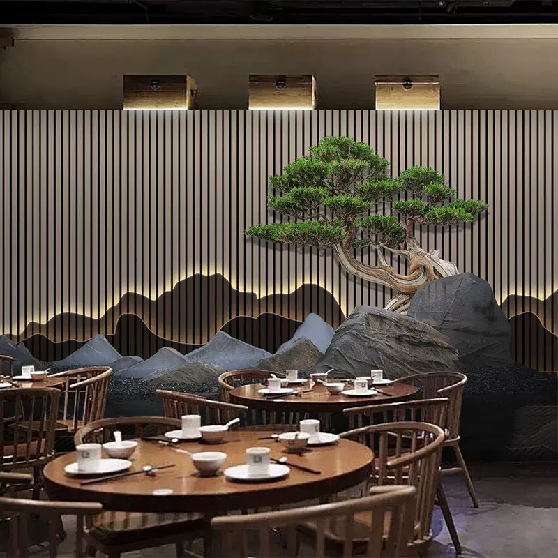 新中式3d古风餐厅壁纸木格栅中国风立体背景墙布茶室假山装饰墙纸