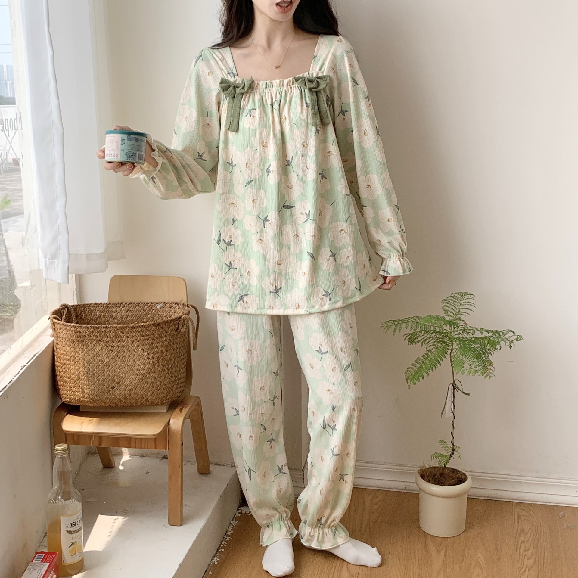 Pijamas florales de estilo coreano simple pijamas de punto colmena cuello cuadrado Jersey de manga larga de algodón con almohadilla de pecho dulce hogar desgaste traje